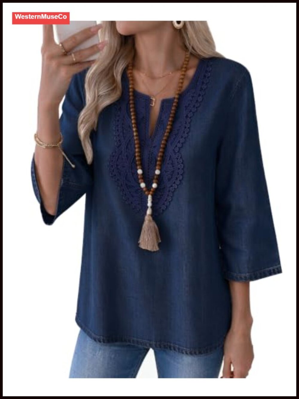 Denim Blouse Lace V-Neck 3/4 Sleeve Relaxed Fit